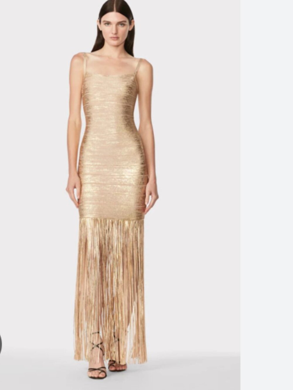 Herve Leger Metallic Foil Print Spaghetti Strap Fringe Bandage Dress Gown - Picture 2 of 11